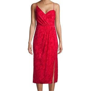 Monique Lhuillier Dress Foulard Asymmetric Floral Lace Midi, Red, Size 4